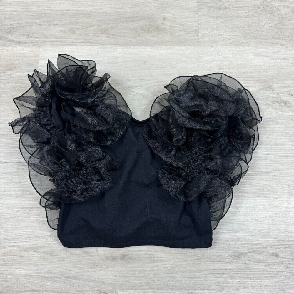 Free People Intimately House Party Crop Top Ruffle Sleeve Size Small Black NEW - Picture 2 of 4